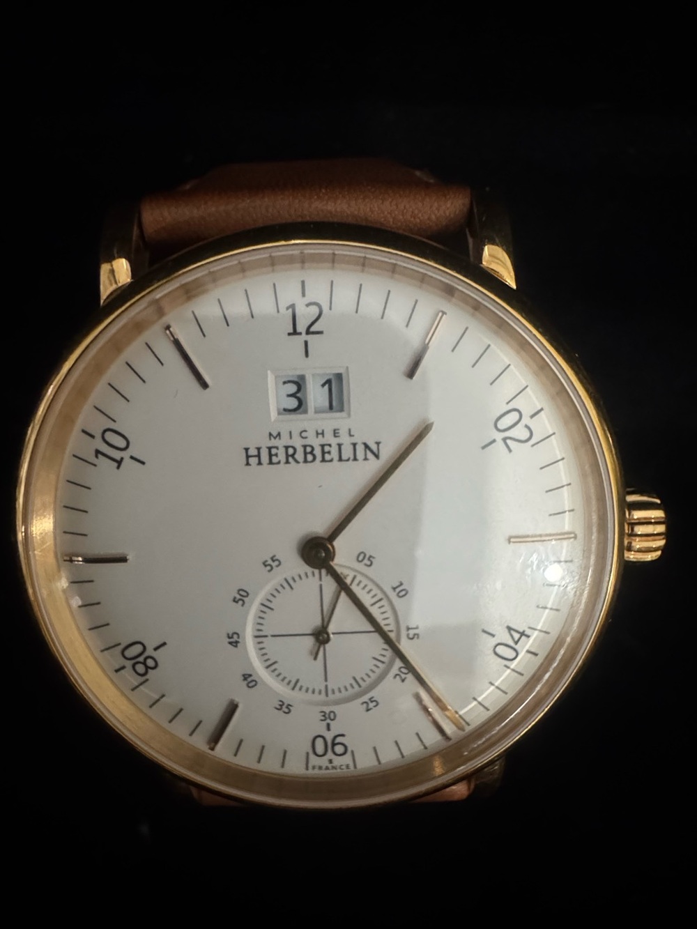 Michel Herbelin Gold-Tone Dress Watch with Brown Leather Strap